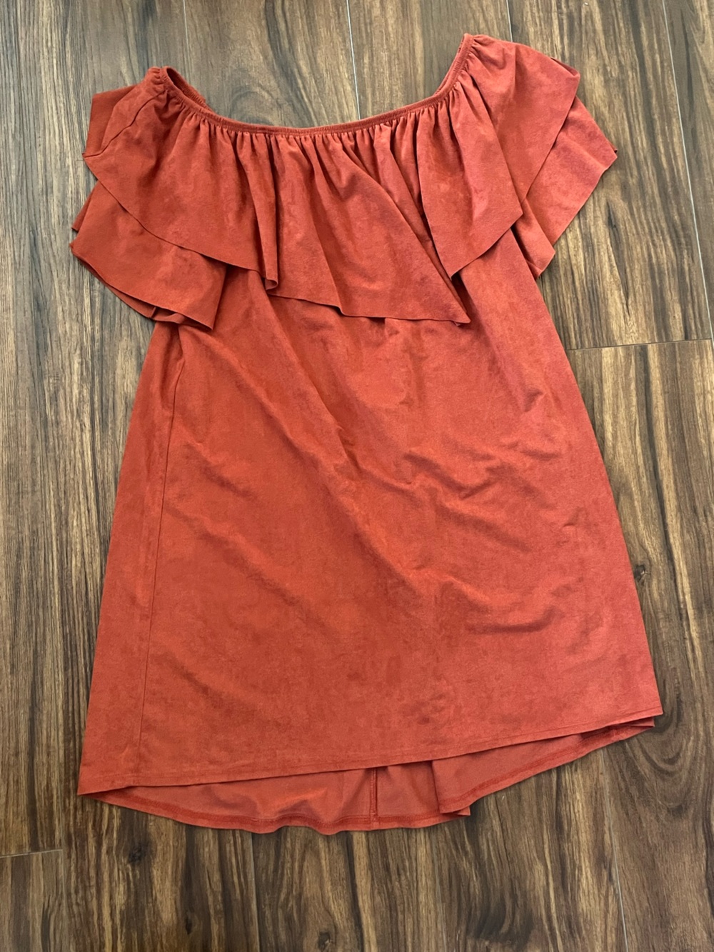 Ces Femme Off-Shoulder Ruffle Dress in Rust